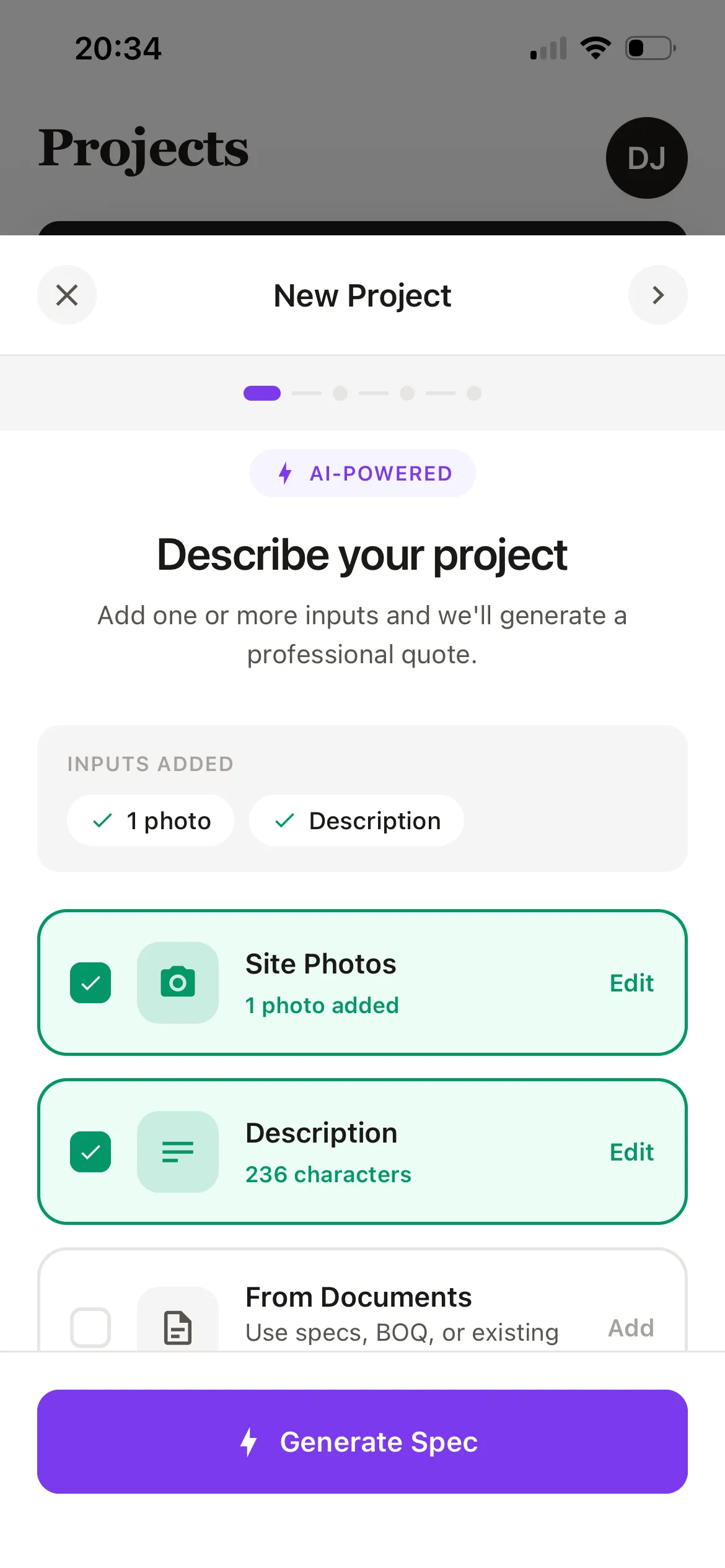 New Project screen — adding inputs (one site photo and a description) to generate a priced spec.